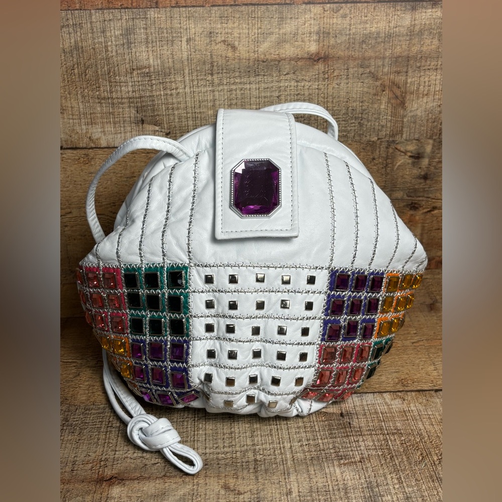 VTG Jeweled White Leather USA Purse 80s 90s Retro Colorful Bling Shoulder Bag - Picture 5 of 12